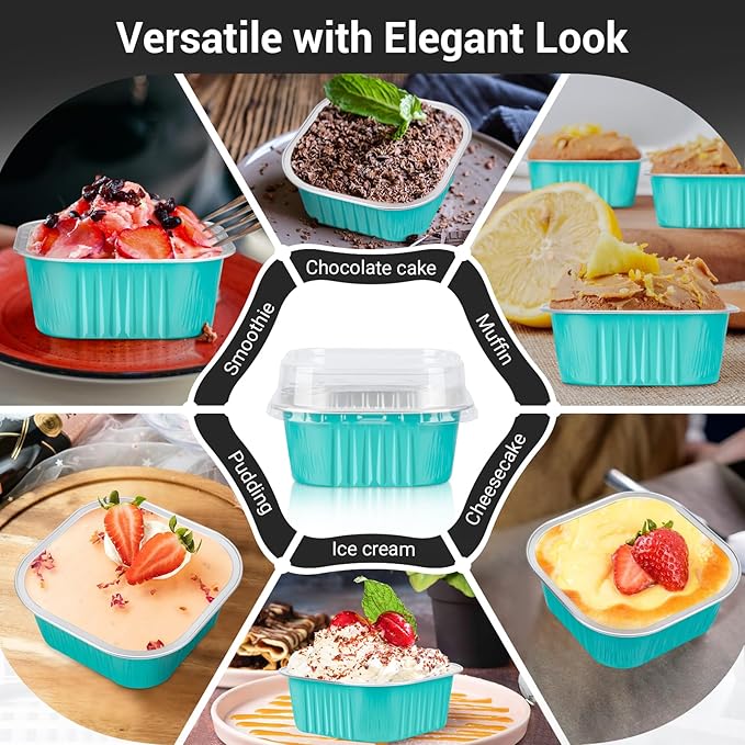 EUSOAR Aluminum Foil Baking Cups With Lids, 10oz 100pcs Disposable Ramekins, Muffin Cups for Baking, Square Cupcake Pans, Mini Cake Loaf Bread Pans for Party Favor Birthday