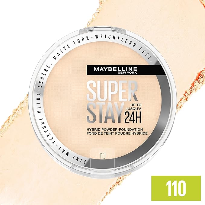 Maybelline Super Stay Up to 24HR Hybrid Powder-Foundation, Medium-to-Full Coverage Makeup, Matte Finish, 110, 1 Count-BrightBean Baby