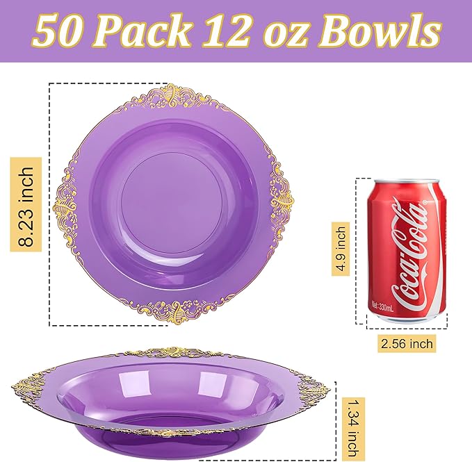 Nervure 50PCS Purple Plastic Bowls with Gold Rim - 12oz Disposable Soup Bowls, Heavy Duty Salad Dessert Bowl Perfect For Weddings, Parties and Everyday Use