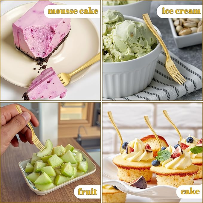 WDF Disposable Plastic Mini Forks 300 Pieces 4 Inches | Gold Plastic Forks | Thanksgiving Heavy Duty Plastic Tasting Forks | Perfect for Small Appetizers and Desserts for Wedding/Party/Birthday