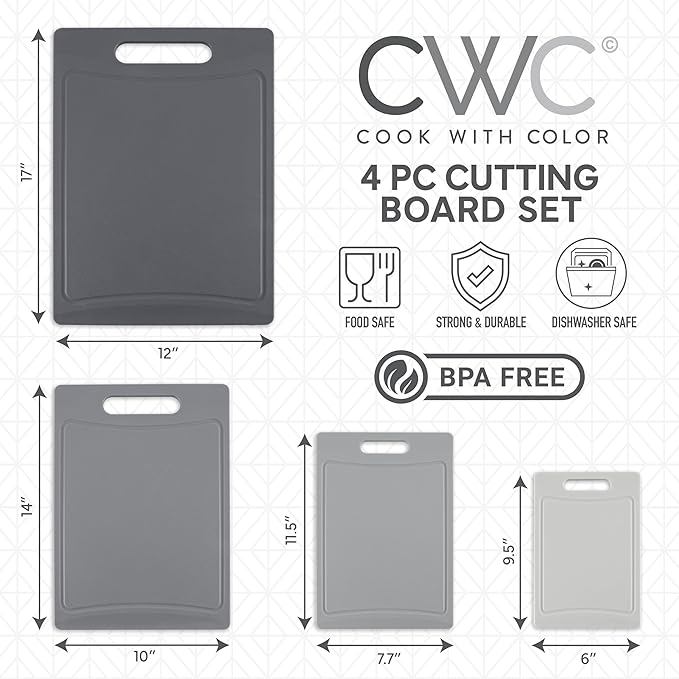 COOK WITH COLOR Non-Slip Cutting Board Set – Kitchen Essentials with Easy Grip Handle for Meat, Veggies, and Fruits, 4 Cutting Boards, Gray-New