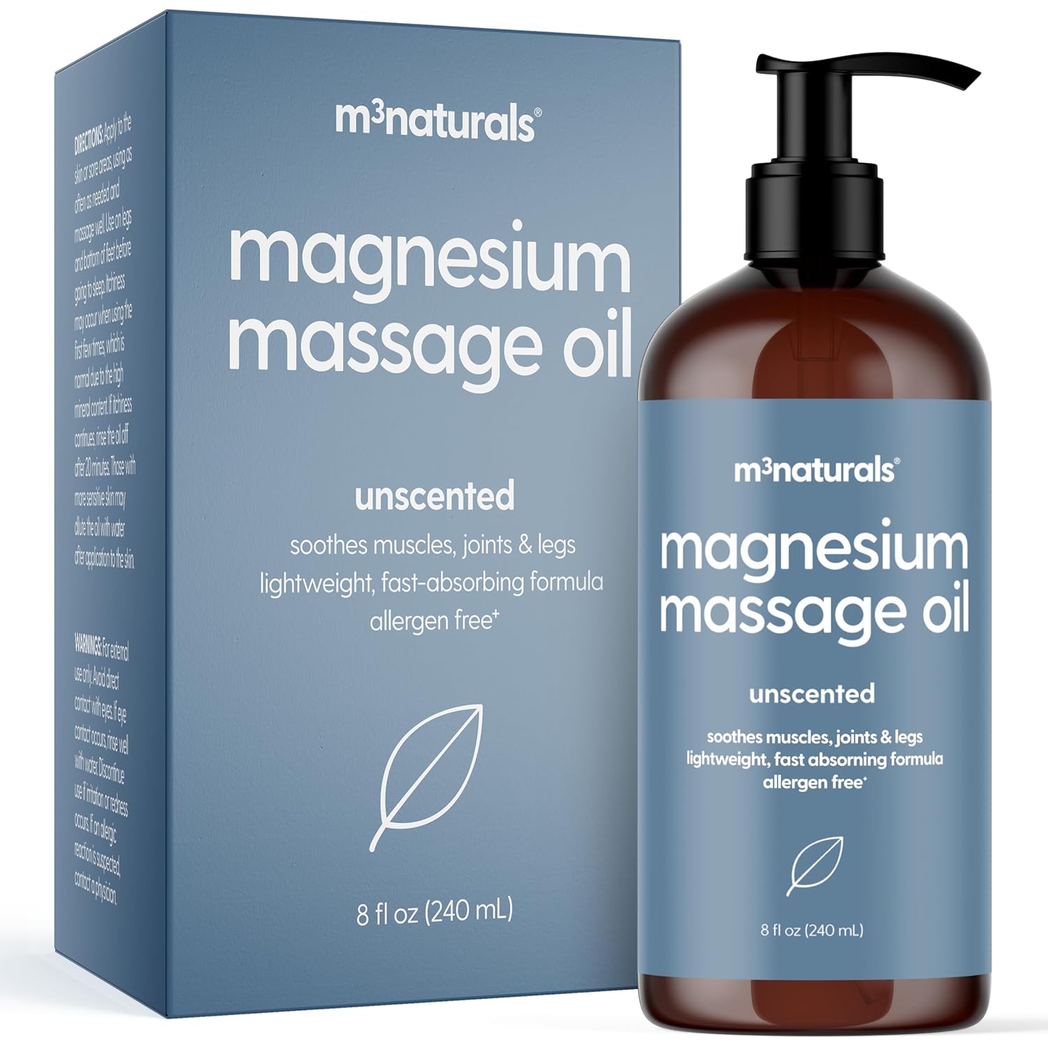 Unscented Magnesium Massage Oil for Sore Muscles, Feet, Joints and Leg Cramps, Helps with Sleeping and Post-Workout Recovery, Fragrance Free Formula for Sensitive Skin, 8 fl oz by M3 Naturals-BrightBean Baby
