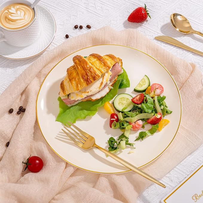 bUCLA 100PCS Ivory Plastic Plates with Gold Rim - Heavy Duty Cream Disposable Include 50 Dinner 10 inch & 50 Dessert 7 inch, for Party & Thanksgiving