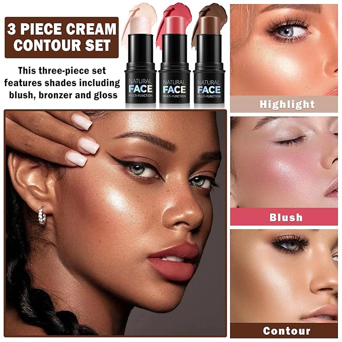 3PCS Cream Contour Stick Makeup Kit Face Highlighter Bronzer Blush Stick Long Lasting Illuminator Highlighters Makeup Stick for All Skin Tones(02 Champagne Gold+05 Rugosa Rose+06 Espresso)-BrightBean Baby