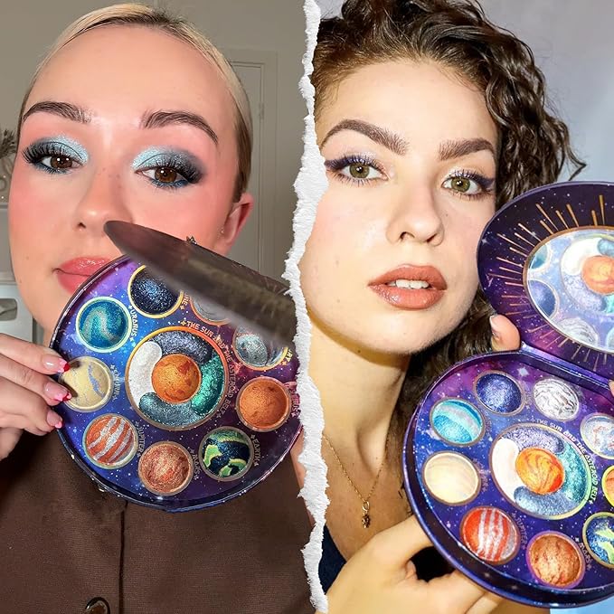 Galactic Assemble Eyeshadow Palette 14 Colors Glitter Shimmer Metallic Eye Shadow Pallet Blue Galaxy Eye Makeup Palettes Create Space-like Eyes Make up Orange Gifts for Women Girls-BrightBean Baby