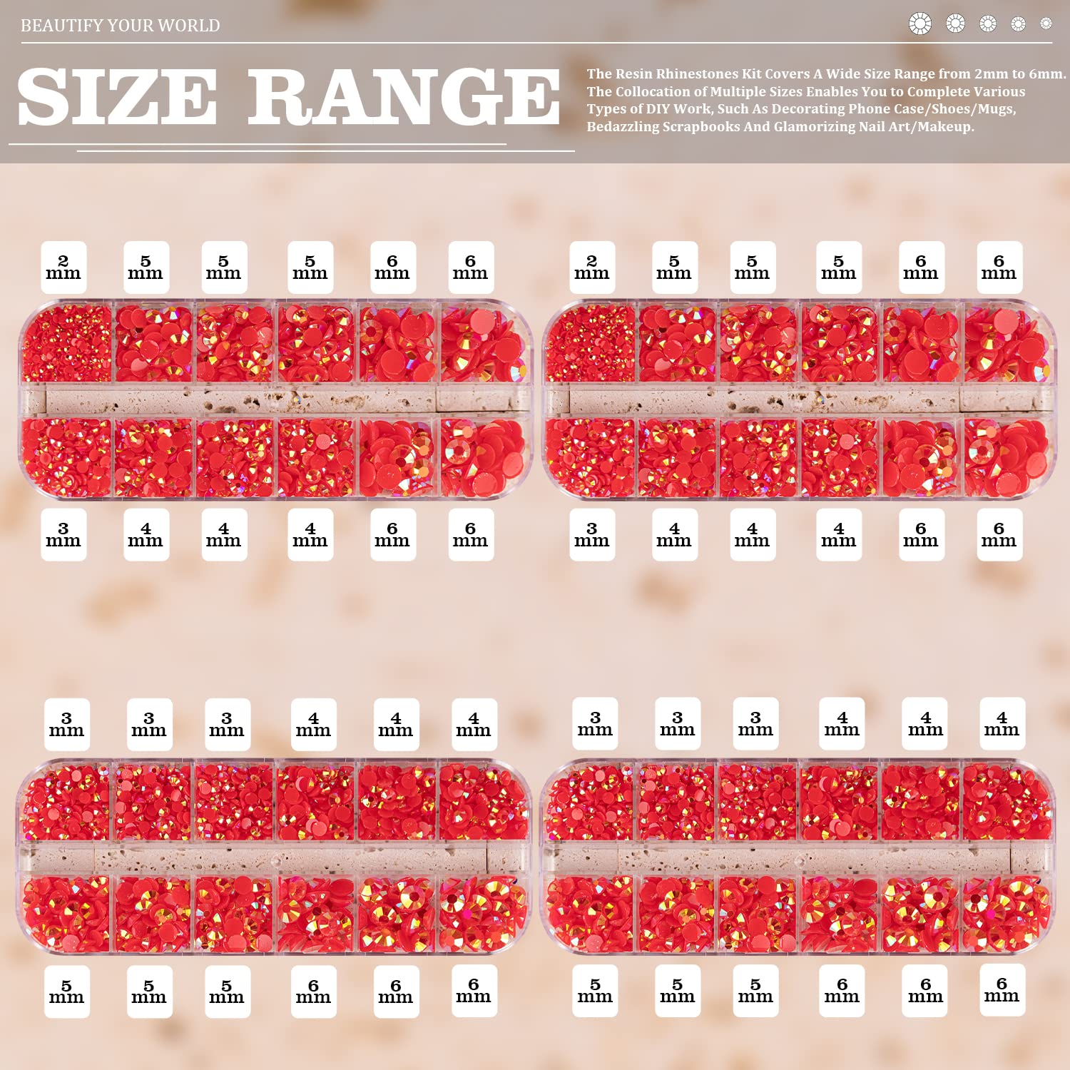 7000PCS Resin Rhinestones with Tweezers for Crafting, 2/3/4/5/6mm Flatback Jelly Rhinestones, 4 Box Red AB Non Hotfix Crystal Gems for DIY Crafts Mugs Tumblers Clothes Makeup Nail-BrightBean Baby