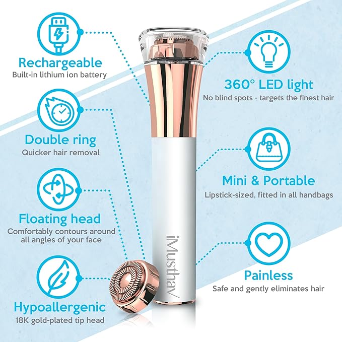 Facial Hair Remover for Women Painless Flawless Electric Razor Epilator Trimmer Shaver with 18K Gold-Plated, 16mm Dual Ring Floating Head, USB Rechargeable, 360° LED for Face Lip Hair Removal-BrightBean Baby