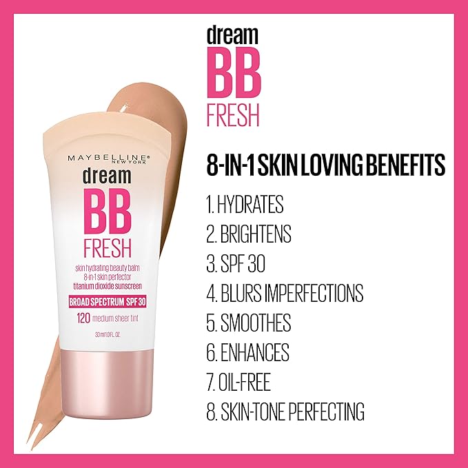 Maybelline Dream Fresh Skin Hydrating BB cream, 8-in-1 Skin Perfecting Beauty Balm with Broad Spectrum SPF 30, Sheer Tint Coverage, Oil-Free, Light, 1 Fl Oz-BrightBean Baby