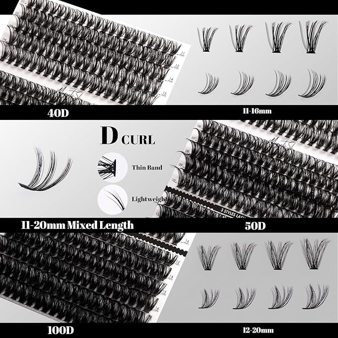 DIY Lash Extensions Kit 320pcs Individual Lashes Clusters 40D 50D 100D D Curl Eyelash Extension Kit with Applicator and Lash Bond&Seal, Lash Remover For False Eyelash Mix 11-20mm (40D+50D+100D KIT)-BrightBean Baby