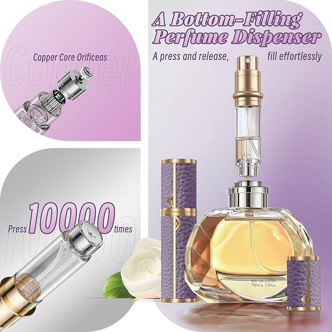 Perfume Travel Refillable Bottle,Genuine Leather Bottom-Filling Fragrances Perfume Atomizer,Mini Cologne Dispenser,Portable Sprayer Pocket Size for Cruise Car Trip Purse Gift 5ml (Purple)-BrightBean Baby