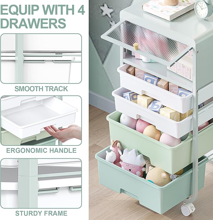 Utility-Rolling-Storage-Drawer-Craft-Cart-Organizers with 4 Drawers & Dust-proof Door for Kid Craft Art Room,Bedroom,Home Office, 4 Tiers Drawer cart, Green-BrightBean Baby