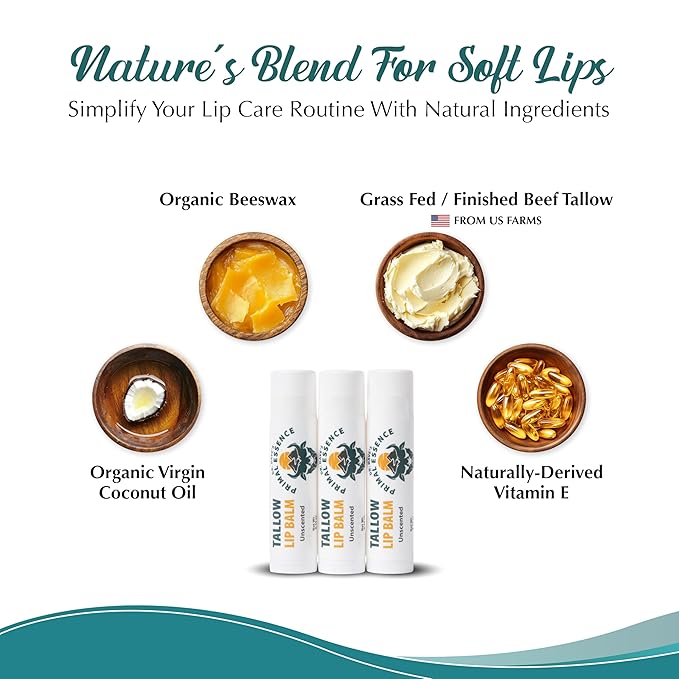 Moisturizing Tallow Lip Balm – Grass-Fed Beef Tallow with Organic Coconut Oil, Beeswax, and Vitamin E – Unscented Lip Balm Set – Travel Essential - 3-Pack-BrightBean Baby