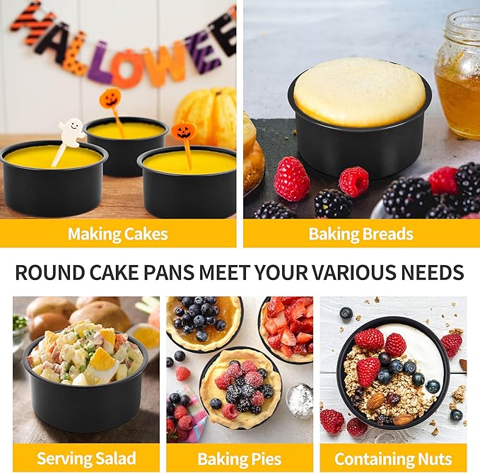 P&P CHEF 4 Inch Cake Pan Set of 3, Non-Stick Round Cake Pans Tins for Tier Smash Cakes, Baking Pans Set & Essential Bakeware, Stainless Steel Core & Leak-Proof