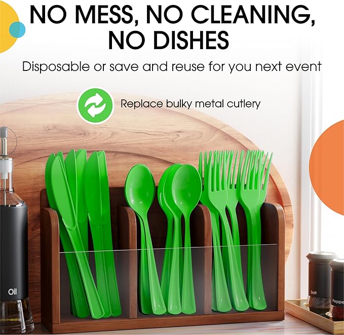 Party Solids Lime Green Plastic Silverware Heavy Duty 300 Pcs Lime Green Plastic Cutlery Sets, Utensil Sets, 100 Of Each Forks, Knives & Spoons Disposable Cutlery Set, Flatware Set For Party Supplies