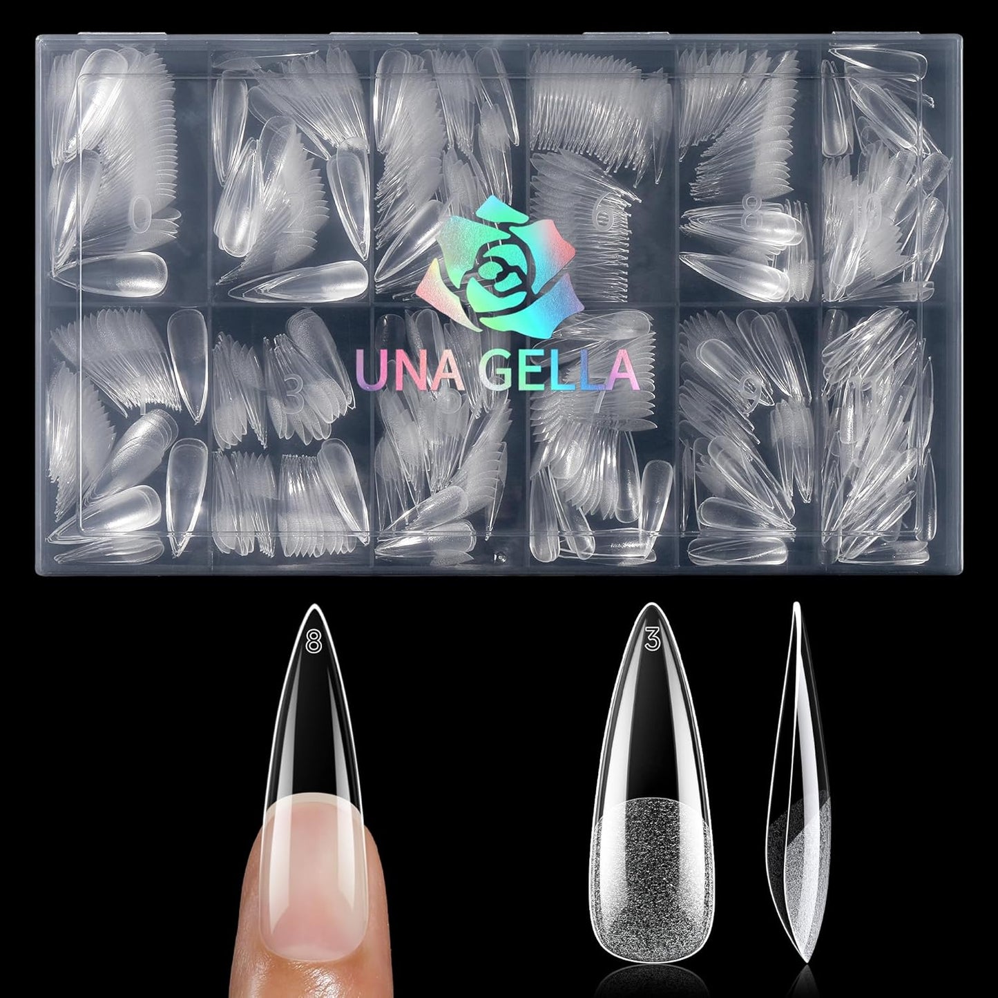 UNA GELLA Halloween Long Stiletto Gel Nail Tips, 600Pcs Pre Etched Long Stiletto Almond Nail Tips Clear Fake Nails Press on Nails No C Curve for DIY Art Salon at Home 12 Sizes-BrightBean Baby