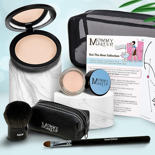 Out The Door Collection | Talc-free 5-piece Mineral Makeup Set | CUDDLE (Light/Medium) - For light to medium complexions + BRIGHTEN UP - A Warm Matte Cream-BrightBean Baby