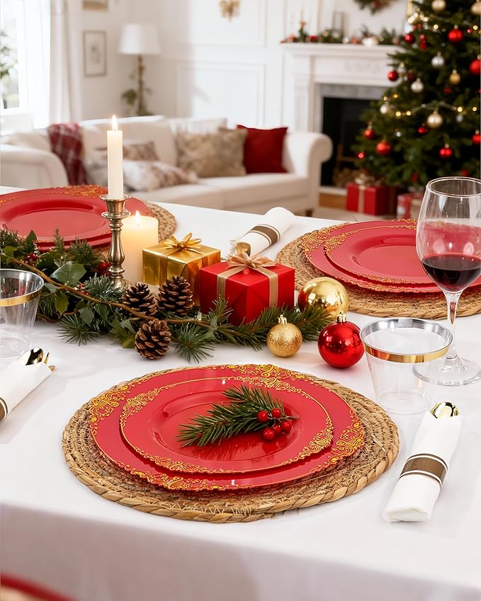 Nervure 350PCS Red Plastic Plates - Red Gold Plastic Dinnerware Sets for 50 Guests - 100 Gold Disposable Plates, 50 Pre Rolled Silverware Sets, 50 Cups Perfect for Wedding & Party & Christmas
