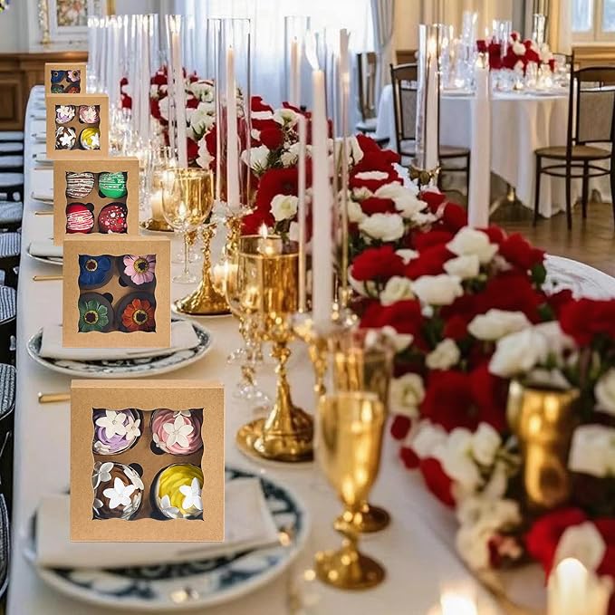 RomanticBaking 50 Pack 4 Cupcake Boxes with insert,6'' x 6'' x 3''Brown Kraft Cupcake Containers Food Boxes for Cookies,muffin,cakesicles