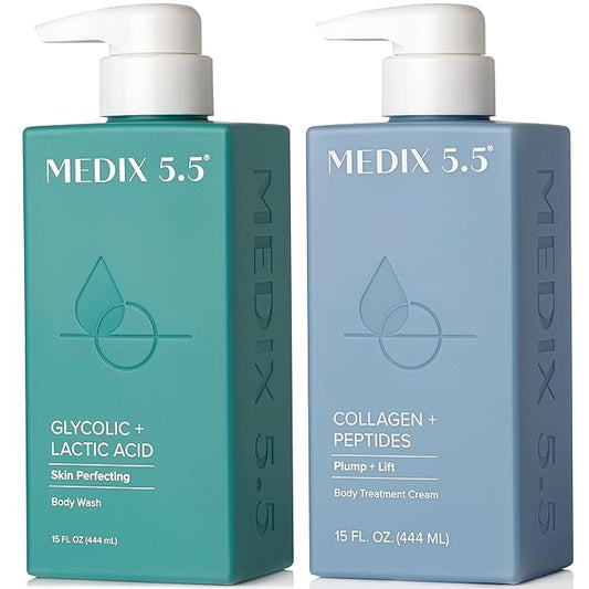Medix 5.5 Exfoliating AHA Glycolic Acid Face & Body Scrub Cleanser + Collagen Moisturizing Body Cream Lotion Skin Care 2PC Set | Alpha Hydroxy Acid & Lactic Acid Foaming Body Wash & Face Wash, 2-PC-BrightBean Baby