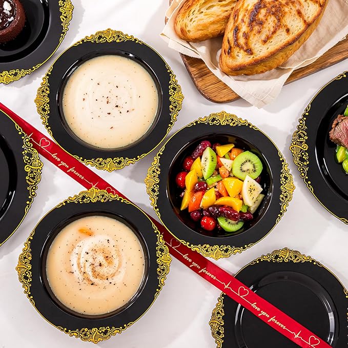 100PCS Black Plastic Bowls - 12 oz Black Gold Disposable Salad Bowls - Heavy Duty Soup Serving Bowl - Fancy Plastic Candy Bowl for Weddings, Parties, Dinners, Catering, Picnics, New Year Party