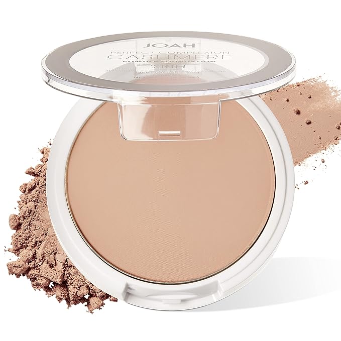 JOAH Perfect Complexion Cashmere Powder Foundation, Medium Face Coverage, Matte Finish, Korean Makeup, Compact Design For Oily & All Skin Types, 16 Hour Wear, Fair with Neutral Undertones-BrightBean Baby