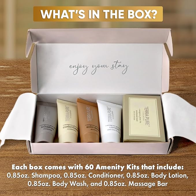 Terra Pure Spa Collection Amenity Kit | Hotel Toiletries | Bulk Set 0.85 oz Travel Size Shampoo,Conditioner, Lotion,Body Wash & Massage Bar for Guest Hospitality AirBnB/Vacation Rentals | 60 sets/case-BrightBean Baby
