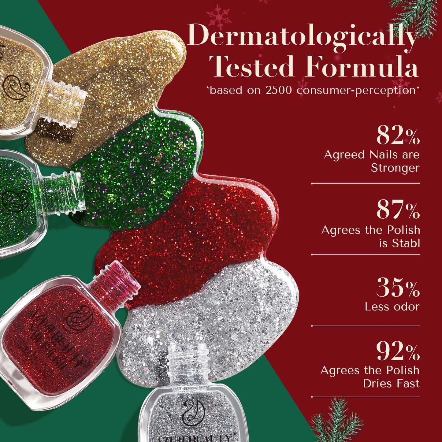 AZUREBEAUTY Nail Polish Set, 4 Colors Christmas Glitter Red Green Gold Silver Quick Dry Natural Fingernail Lacquer Strengthening Treatment Kit with Top Coat DIY Salon at Home-BrightBean Baby