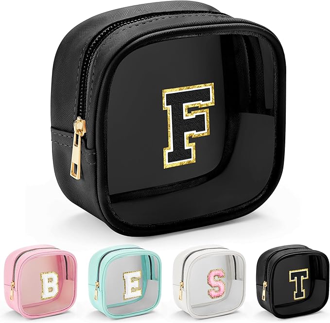 YOOLIFE Initial Makeup Bag Travel Toiletry Bag, Clear Makeup Bag Car Accessories For Women Clear Makeup Bags With Zipper Girlfriend Teacher 13 Year Old Girl Gifts Daughter Girl Gifts Mini Black F-BrightBean Baby
