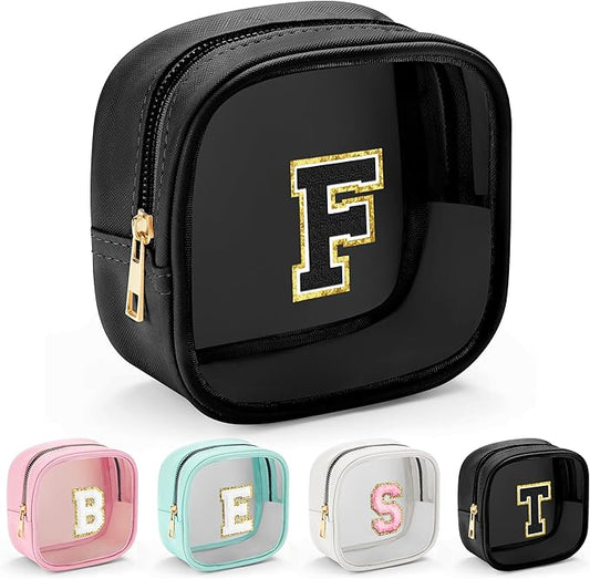 YOOLIFE Initial Makeup Bag Travel Toiletry Bag, Clear Makeup Bag Car Accessories For Women Clear Makeup Bags With Zipper Girlfriend Teacher 13 Year Old Girl Gifts Daughter Girl Gifts Mini Black F-BrightBean Baby
