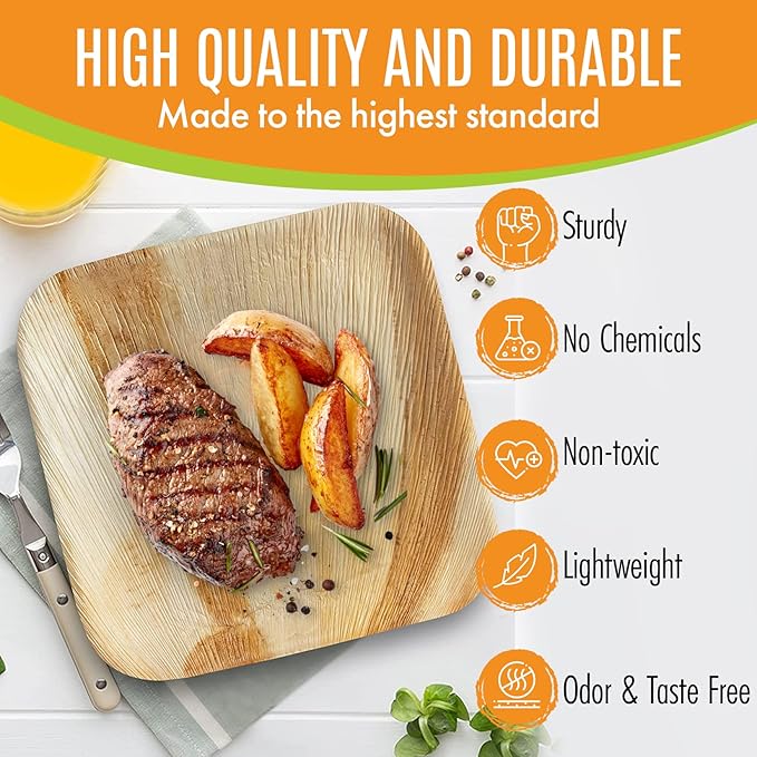 Raj Palm Leaf Plates Bulk [50-Pack] 10" & 7" Square Plates (40 CASES - 2000 PACK) like Bamboo plates Disposable, Strong, Decorative Compostable Tableware for weddings, Lunch, Dinners