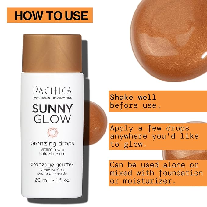 Pacifica Sunny Glow Liquid Face Bronzer Drops - Face Makeup Bronzing For Face & Cheeks for Instant Sun-Kissed Glow - Vitamin C & Glycolic Acid Infused Liquid Bronzer Illuminating Highlighting Clean-BrightBean Baby