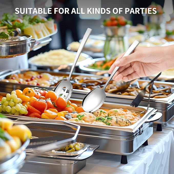 8 Piece Stainless Steel Serving Spoons Set - 4 Large, 4 Slotted, 9.2-Inch, Dishwasher Safe, for Parties/Kitchen/Buffet/Catering