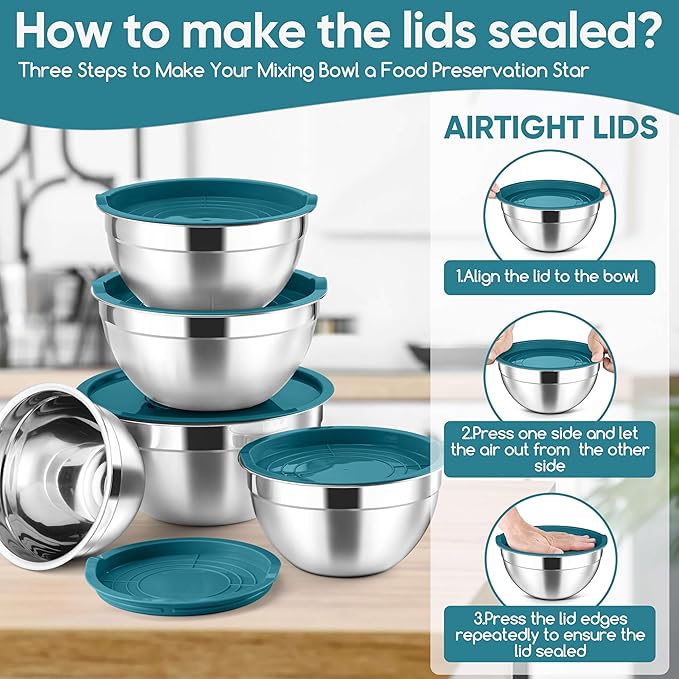 Herogo 5-Piece Mixing Bowls with Lids, 3 Grater Attachments, Stainless Steel Salad Bowls for Kitchen, Size 4.6, 3.5, 2.5, 2, 1.5QT Ideal for Baking, Prepping, Mixing and Serving, Blue