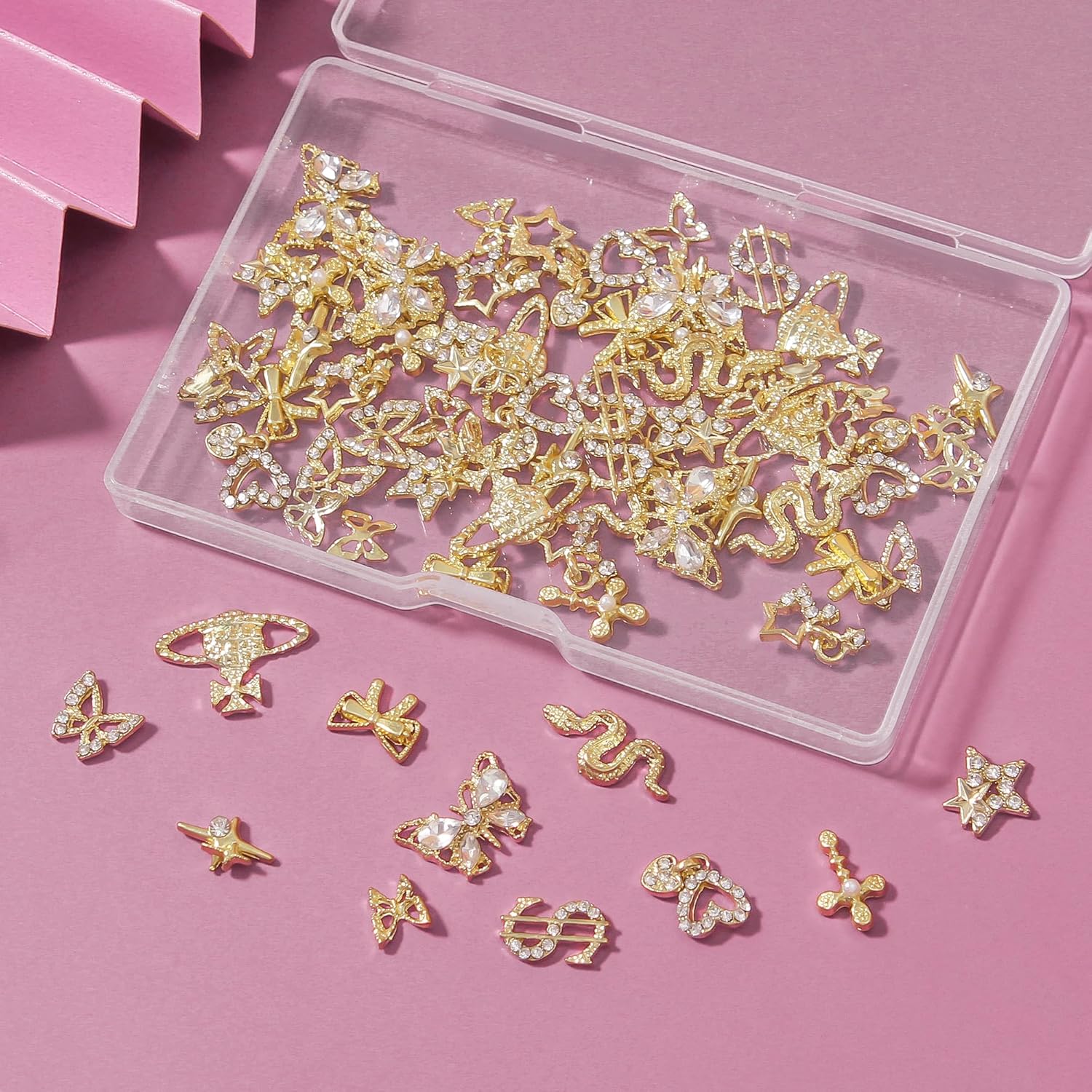 Artdone Nail Art Studs Kit, 3D Gold Cross Nail Charms and Diamond Butterfly Gems Bulk Nail Jewels Shiny Star and Moon for DIY Professional Manicures Decoration-BrightBean Baby