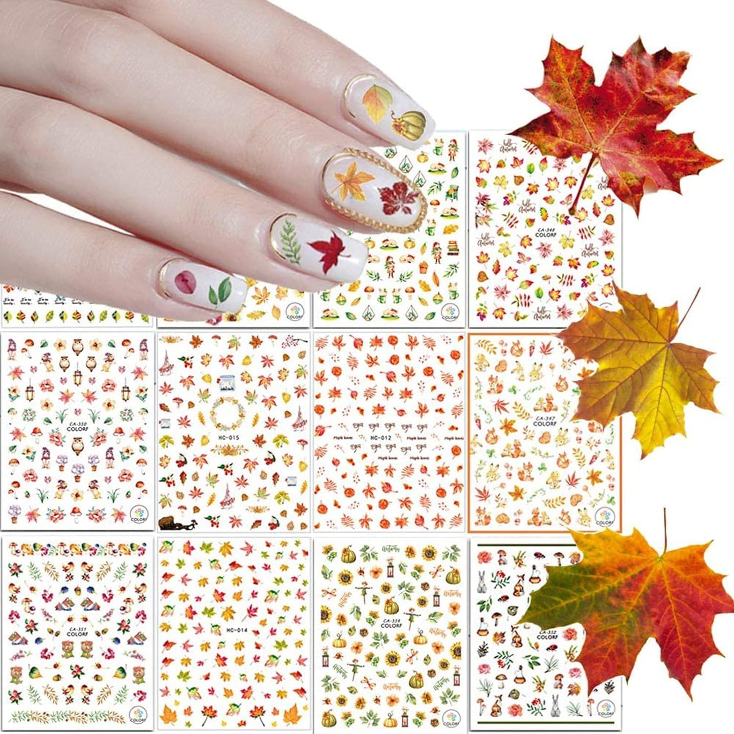Kalolary Autumn Fall Nail Art Stickers Decals Maple Leaves Decals 3D Nail Stickers Harvest Pumpkin Maple Leaves Sunflower Squirrel for Women Girls Kids DIY Nail Design-12 Sheets-BrightBean Baby