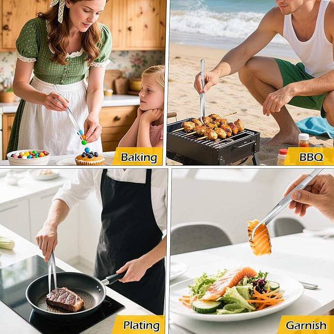 10-Inch Kitchen Tweezers Tongs Stainless Steel Kitchen Tweezers for Cooking Chef Tweezer Professional Skinny Tongs for Pasta Food Plating BBQ