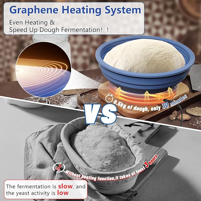 Electric Heating Bread Proofing Basket, Sourdough Starter Warmer - 4 Heat Settings, Foldable 9-Inch Sourdough Starter Kit, Banneton Sourdough Bread Baking Supplies