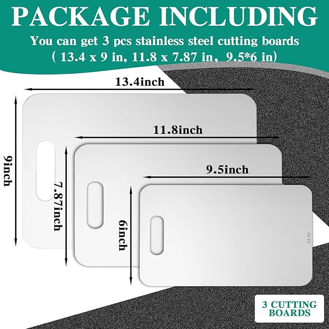 3 Pcs Stainless Steel Cutting Board for Kitchen 304 Steel Chopping Dishwasher Safe Metal Cutting Board Set for Kitchen Meat Fruit Vegetable (13.4"x9",11.8"x7.9",9.5"x6")