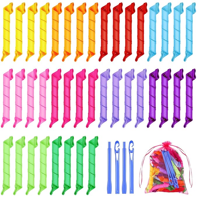 Yilloog 40 Pieces Hair Curlers Kit Heatless Spiral Curlers Tools with 2 Styling Hooks and 1 Storage Bag Multicolor Magic Curls Rollers for Women Long Medium Short Hair Classic Style-BrightBean Baby