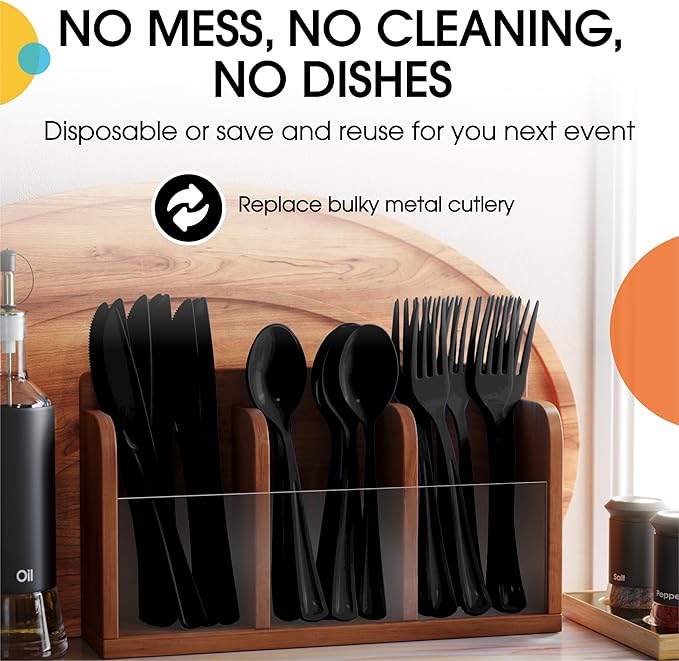 Party Solids Black Plastic Silverware Heavy Duty 150 Pieces Black Plastic Cutlery Sets, Utensil Sets, 50 Of Each Forks, Knives & Spoons Disposable Cutlery Set, Flatware Set For Party Supplies