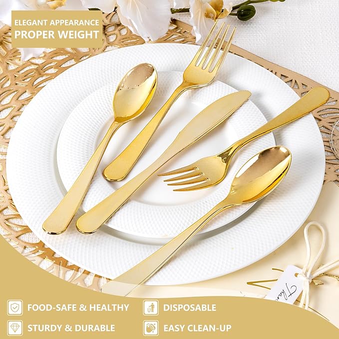 150 PCS Gold Plastic Silverware - Gold Plastic Flatware Disposable - Heavy Duty Disposable Utensils Sets Includes 50 Forks, 50 Spoons, 50 Knives for Thanksgiving Party Wedding