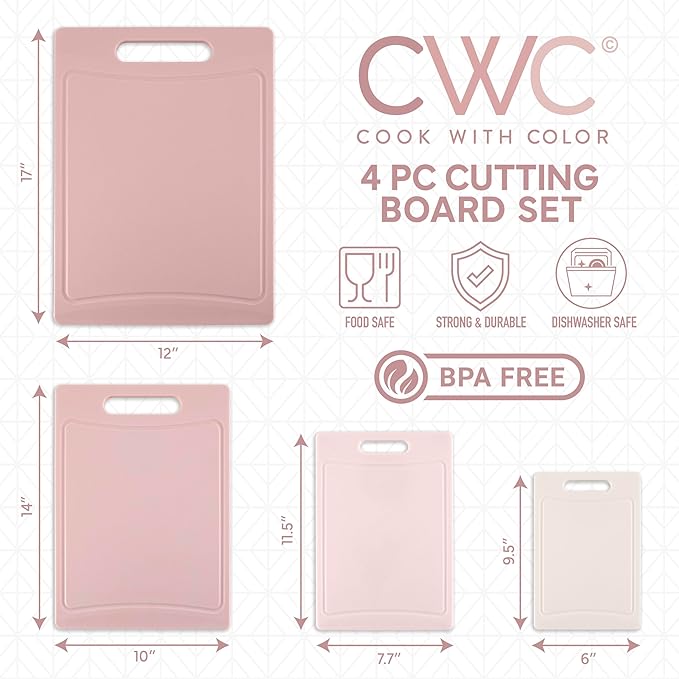 COOK WITH COLOR Non-Slip Cutting Board Set – Kitchen Essentials with Easy Grip Handle for Meat, Veggies, and Fruits, 4 Cutting Boards, Pink