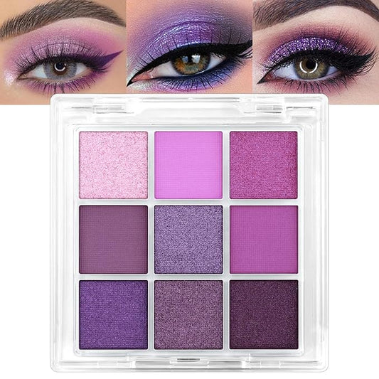 Erinde 9 Colors Purple Pink Lavender Glitter Shimmer Matte Eye Shadow Palette Makeup, Highly Pigmented Waterproof Violet Mauve Dark Purple Silver Pearl White Shimmer Sparkling Party Eyeshadow Palette-BrightBean Baby