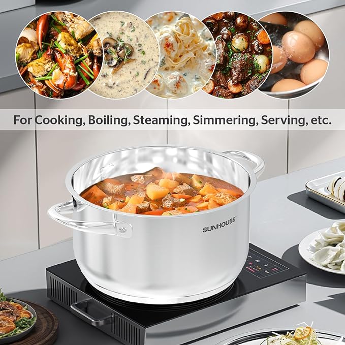 SUNHOUSE 8 Quart Stock Pot with Lid - Tri-Ply Stainless Steel Large Capacity Pot