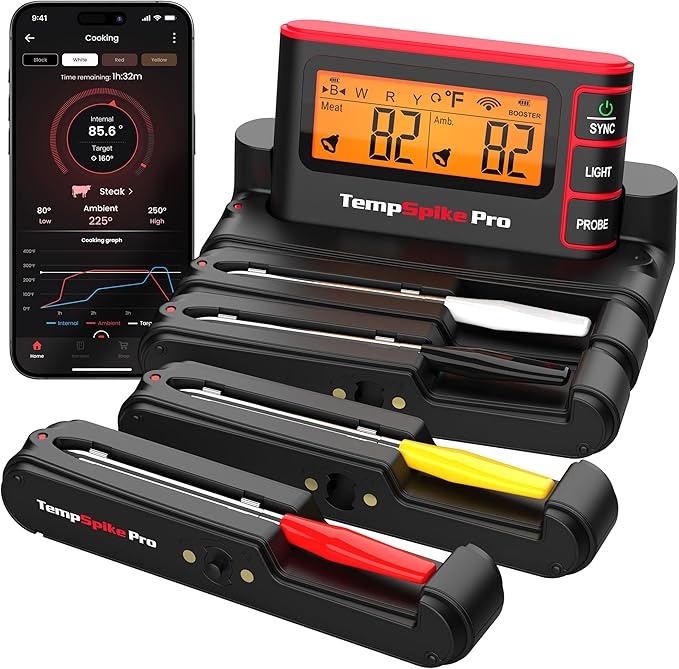 TempSpike Wireless Meat Thermometer Digital with App, WiFi & Bluetooth BBQ Grill Thermometer with High Precision, Waterproof & Heat-Resistant Probes, Rechargeable Base with Display for BBQ Smoker Oven
