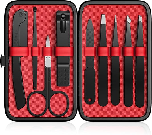 Yougai Tweezers Set,9 Pcs Professional Stainless Steel Tweezer Kit-Great Precision Eyebrow Tweezers for Ingrown Facial Hair with Leather Travel Case as Stocking Stuffing Gifts
