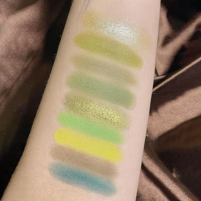 Erinde 9 Colors Eyeshadow Palette, Matte Shimmer Glitter Eye Shadow Palette Makeup, Highly Pigmented Long Lasting Waterproof, Natural Neutral Nude Eyeshadow Make Up Pallet, Yellow Green-BrightBean Baby
