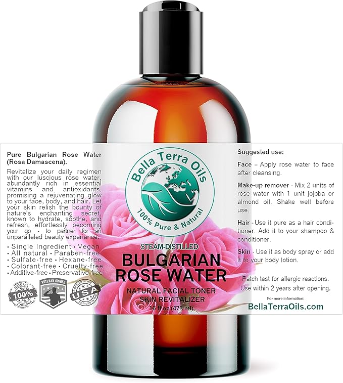 Bella Terra Oils - Rosewater Spray 16 oz - Embrace The Timeless Beauty of Pure Organic Rose Water, Ideal for Skin & Hair, Immerse in Natural Rose Fragrance-BrightBean Baby