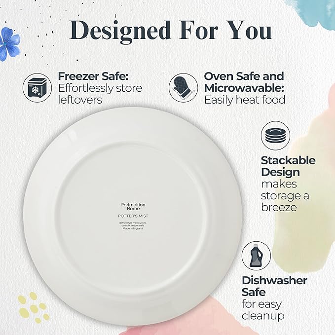 Portmeirion Potter's Mist Dinner Plate (Set of 4) - 8" Earthenware Plates with Classic Mist Rim - Microwave, Dishwasher, Freezer, Oven Safe - Ideal Modern Dinnerware Set (Red Mist)
