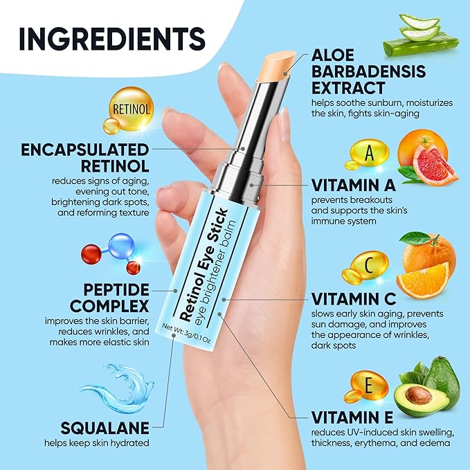 Retinol Eye Brightener Cream Stick, Vitamin C & E Enriched Under Eye Bags Care for Dark Circles, Puffiness & Anti-Aging, Hydrating Eye Balm for All Skin Types-BrightBean Baby